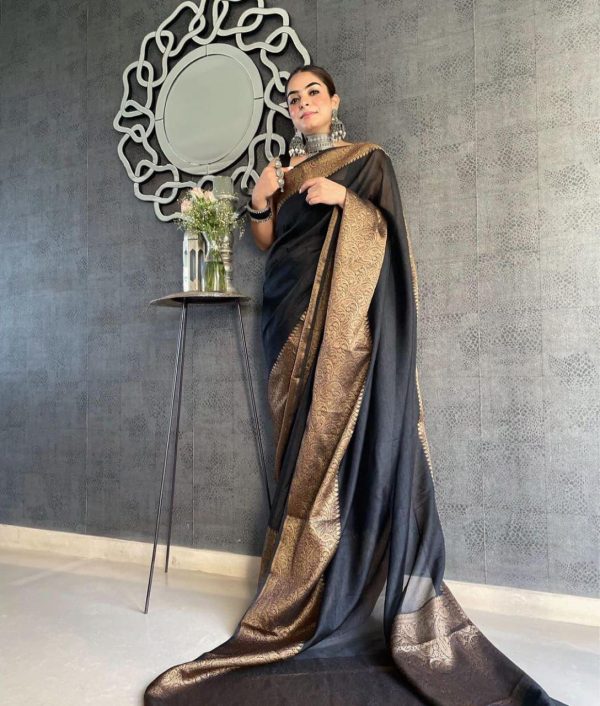 Perfect Black Color Soft Litchi Silk Jacquard Work Saree