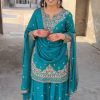 Shine Blue Color Chinon Silk Thread Sequence Work Salwar Suit