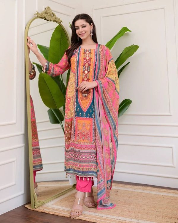 Special Pink Color Chinon Printed Mirror Work Moti Lace Salwar Suit