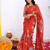 Super Red Color Vichitra Silk Digital Prints Mirror Sequence Work Saree