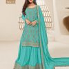 Superb Firozi Color Jacquard Silk Chinon Multi Work Salwar Suit