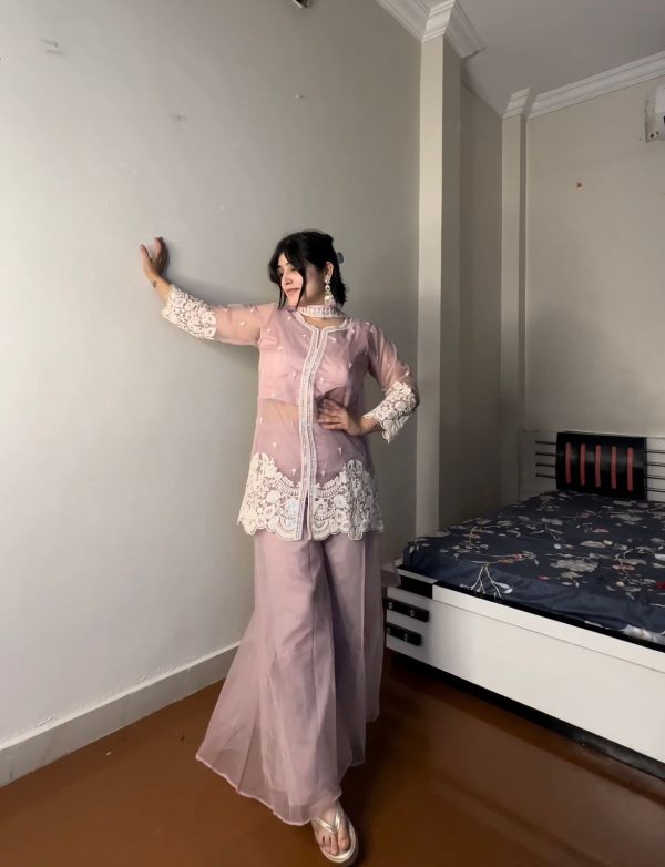 Superb Pink Color Organza Sequence Work Indo-Western Suit