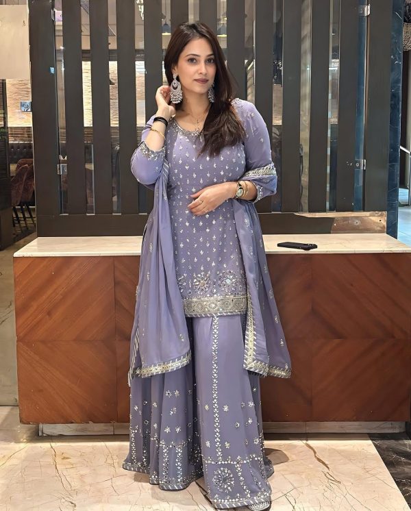 Superb Purple Color Georgette Sequences Work Peral Real Mirror Salwar Suit