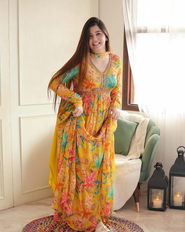 Women's Yellow Color Foix Georgette Sequence Work With Ruffle Gown