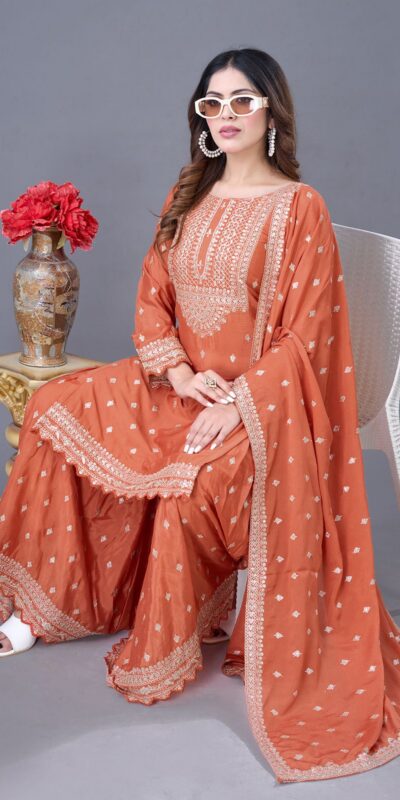 ZF 5006 Orange Color Chinon Silk Sequence Work Salwar Suit Casual, Wedding, Festive, Events . Expected Delivery  4-6 Working Days @2149/- only      | Jump Suits, Salwar suit, Designer Suits, Casual Suits, Creative suits, Palazzo Suits, Party Wear Suits, Patiala Suits, Straight Suits