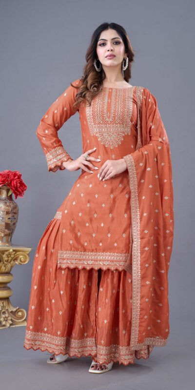 ZF 5006 Orange Color Chinon Silk Sequence Work Salwar Suit Casual, Wedding, Festive, Events . Expected Delivery  4-6 Working Days @2149/- only      | Jump Suits, Salwar suit, Designer Suits, Casual Suits, Creative suits, Palazzo Suits, Party Wear Suits, Patiala Suits, Straight Suits