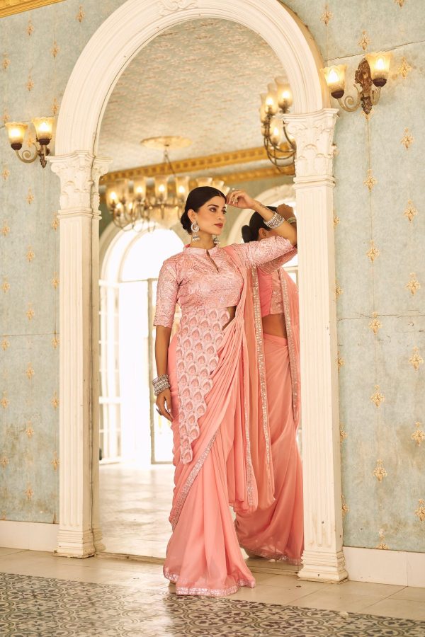 Fantastic Peach Color Chinon Embroidery Work Lace Border Saree