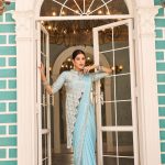 Sky Blue Chinon Embroidery Work Lace Border Saree