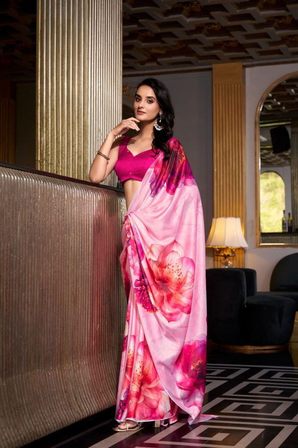 Gorgeous Pink Color Satin Silk Printed Saree