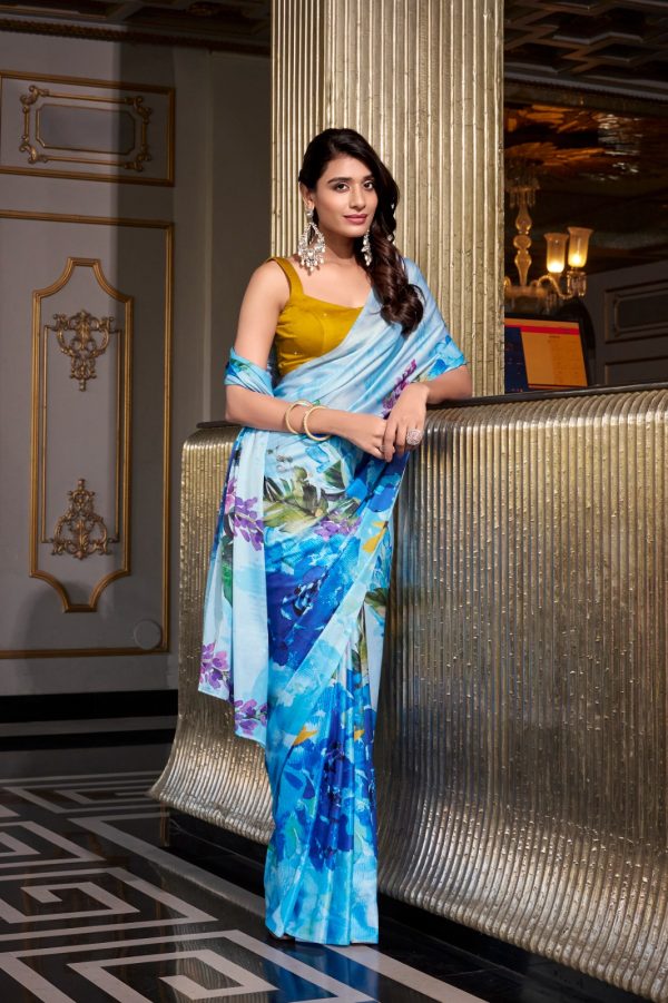 Gorgeous Sky Blue Color Satin Silk Printed Saree