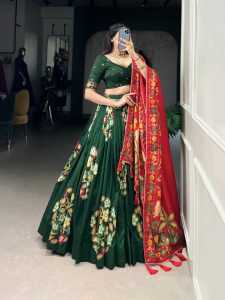 Green Tushar Silk Printed Foil Work Lehenga Choli
