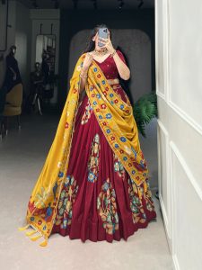 Maroon Tushar Silk Printed Foil Work Lehenga Choli
