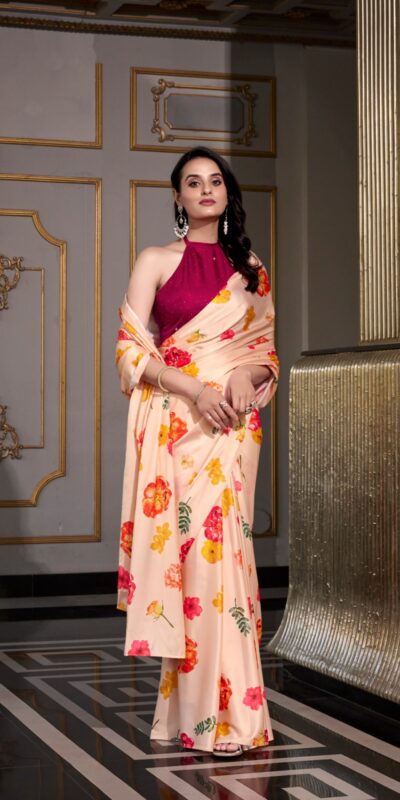 YNF 7026 Cream Color Satin Silk Printed Saree Casual, Wedding, Festive, Events . Expected Delivery 4-6 Working Days @1599/- only | Sarees, Bollywood Sarees, Creative Sarees, Designer Sarees, Embroidered Sarees, Ethnic Saree, Modern Digital sarees, Party Wear Sarees