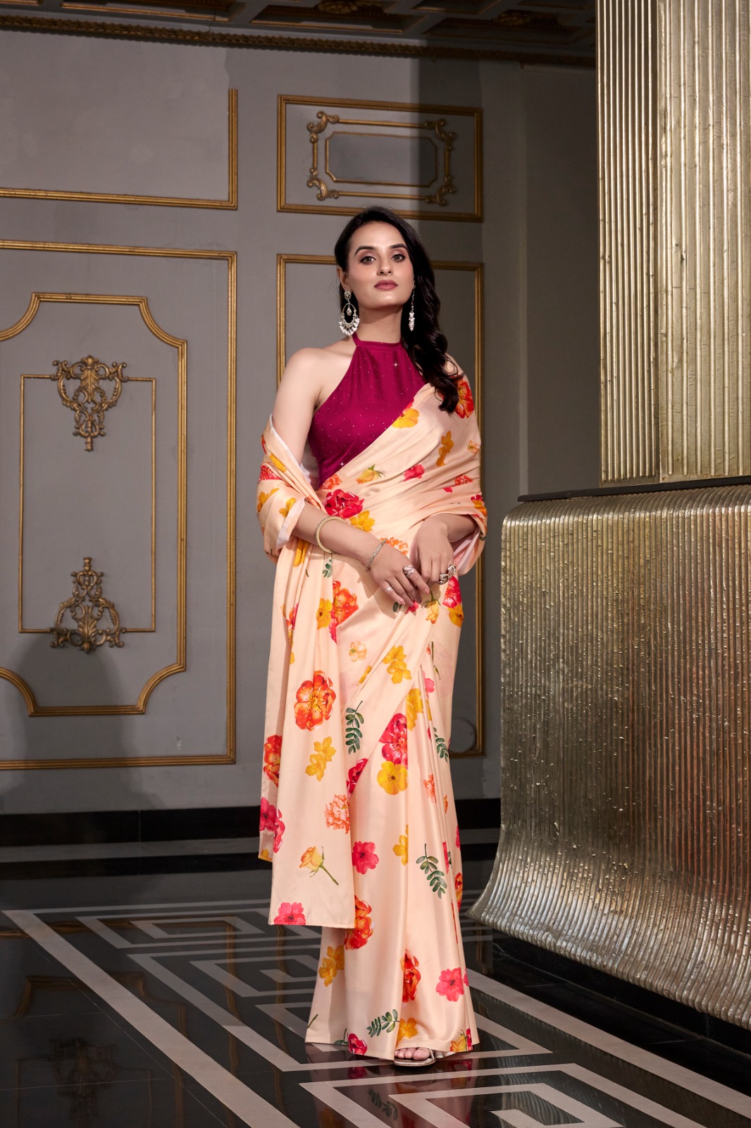 YNF 7026 Cream Color Satin Silk Printed Saree Casual, Wedding, Festive, Events . Expected Delivery 4-6 Working Days @1599/- only | Sarees, Bollywood Sarees, Creative Sarees, Designer Sarees, Embroidered Sarees, Ethnic Saree, Modern Digital sarees, Party Wear Sarees