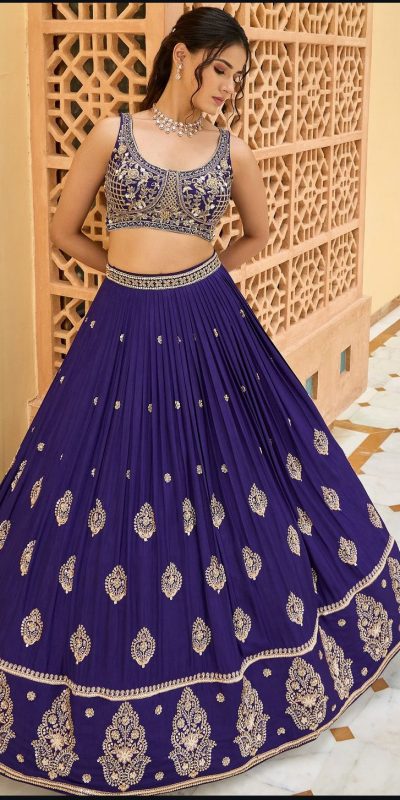 Navy Blue Chinon Silk Embroidery Sequence Work Lehenga Choli