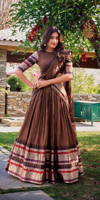 Brown Chanderi Plain Lehenga Choli