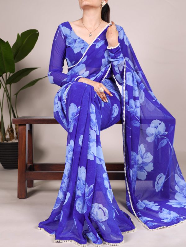Blue Chiffon Printed Saree