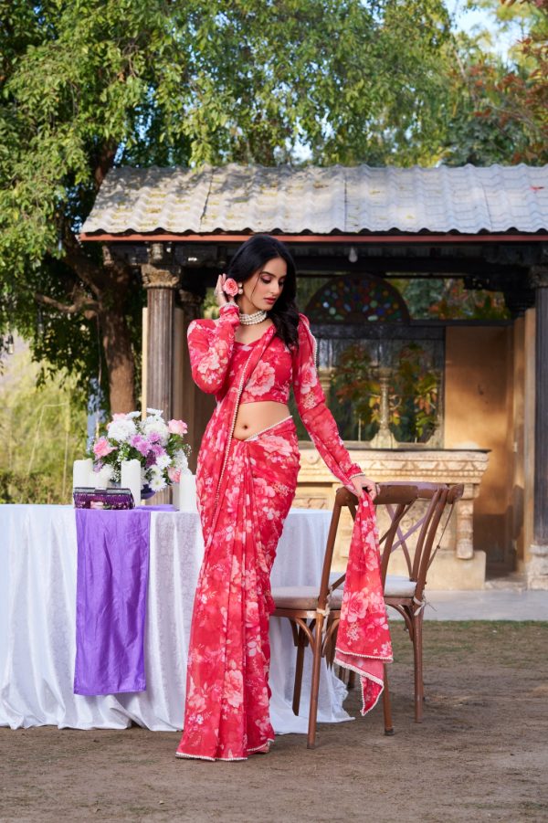 Red Weightless Printed Pearl Saree