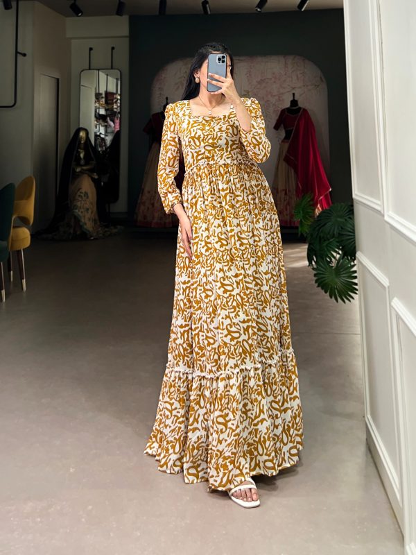 Mustard Georgette Printed Gown