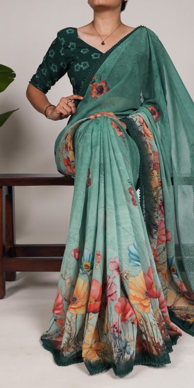 Green Georgette Floral Saree