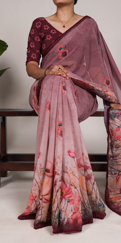 Onion Georgette Floral Saree