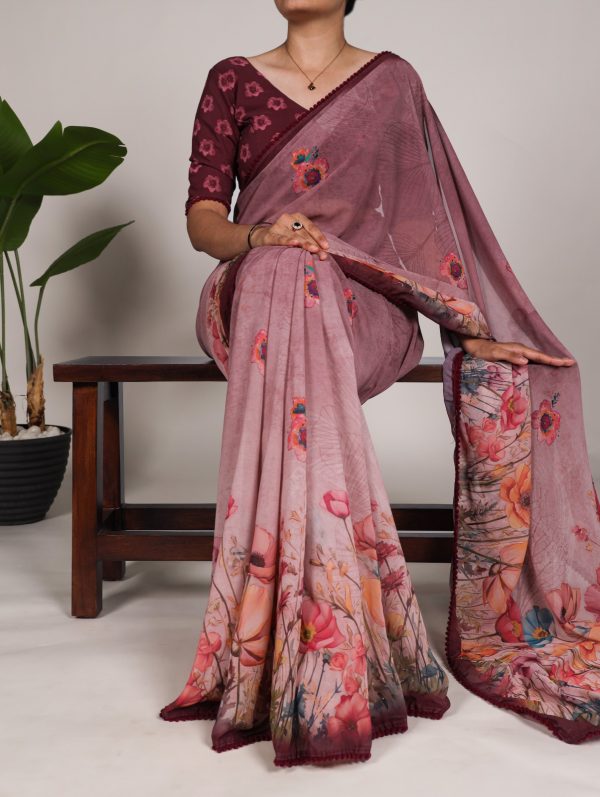 Onion Georgette Floral Saree