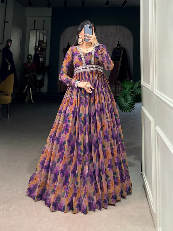 Purple Georgette Floral Gown