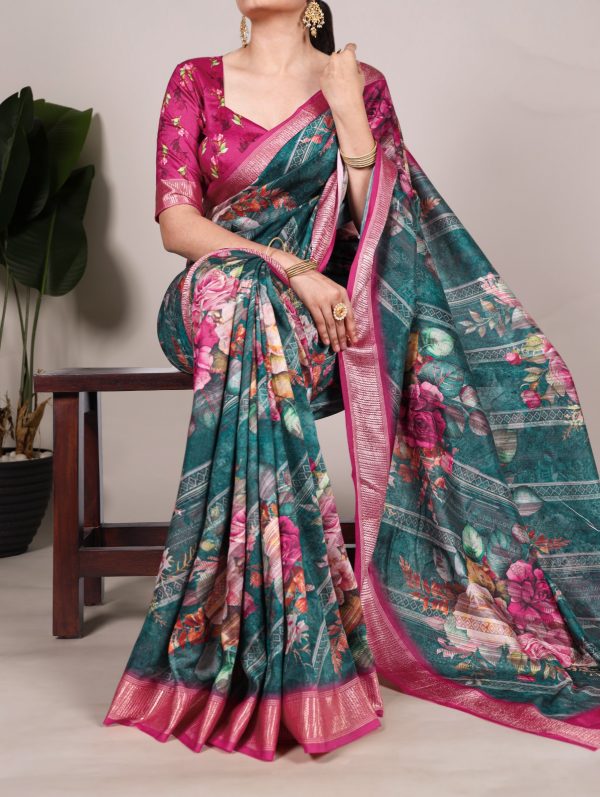 Firozi Tussar Printed Saree