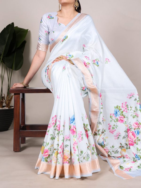 Sky Blue Tussar Printed Saree