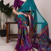 Teal Polyester Printed Saree