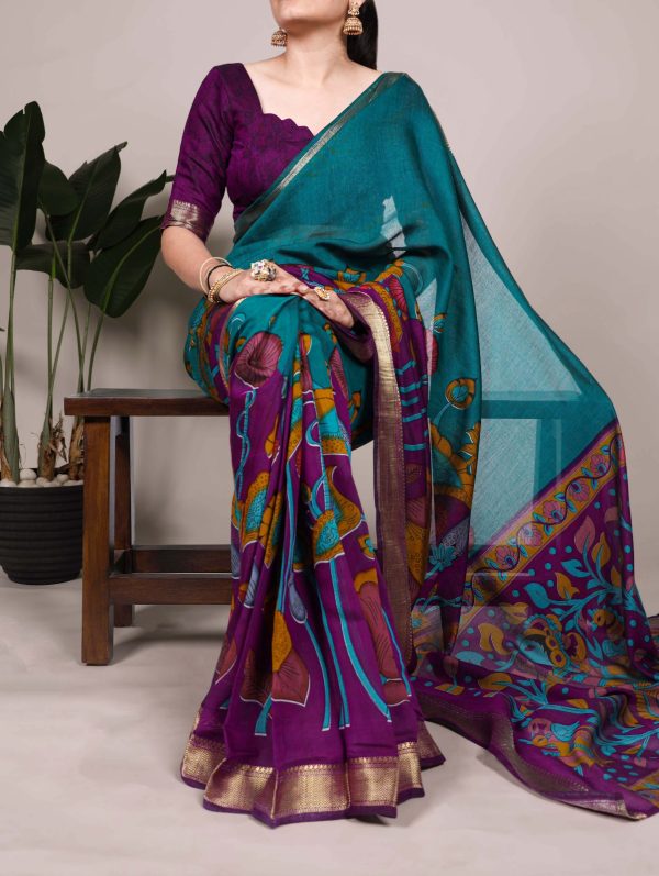Teal Polyester Printed Saree