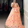 Peach Tabby Embossed Print Lehenga Choli