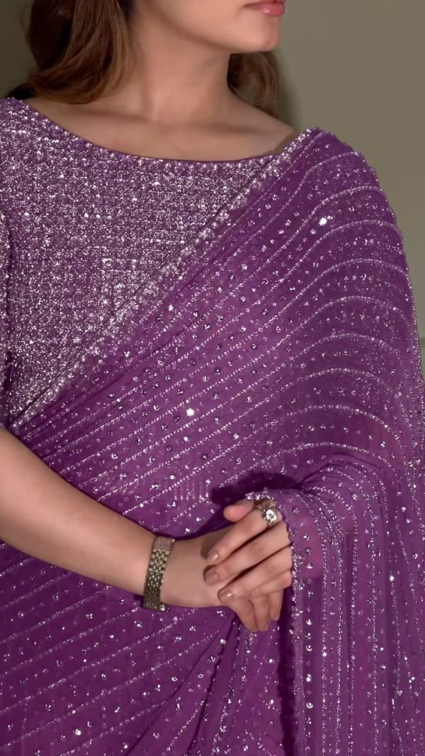 Wine Georgette Embroidery Saree