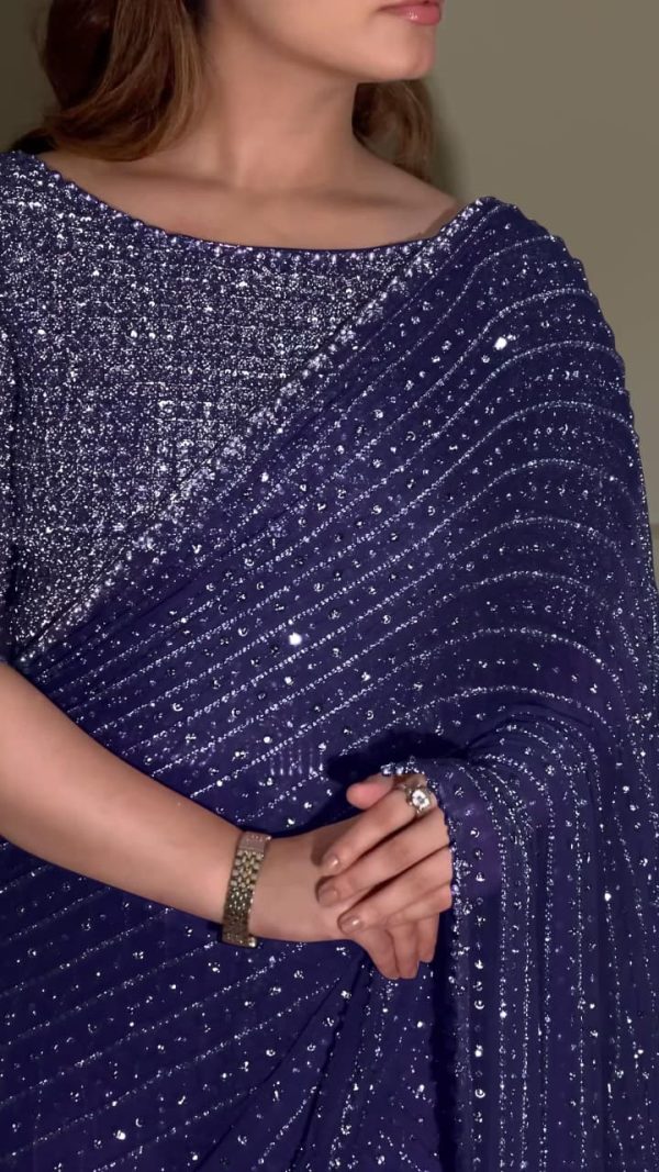 Navy Blue Georgette Embroidery Saree