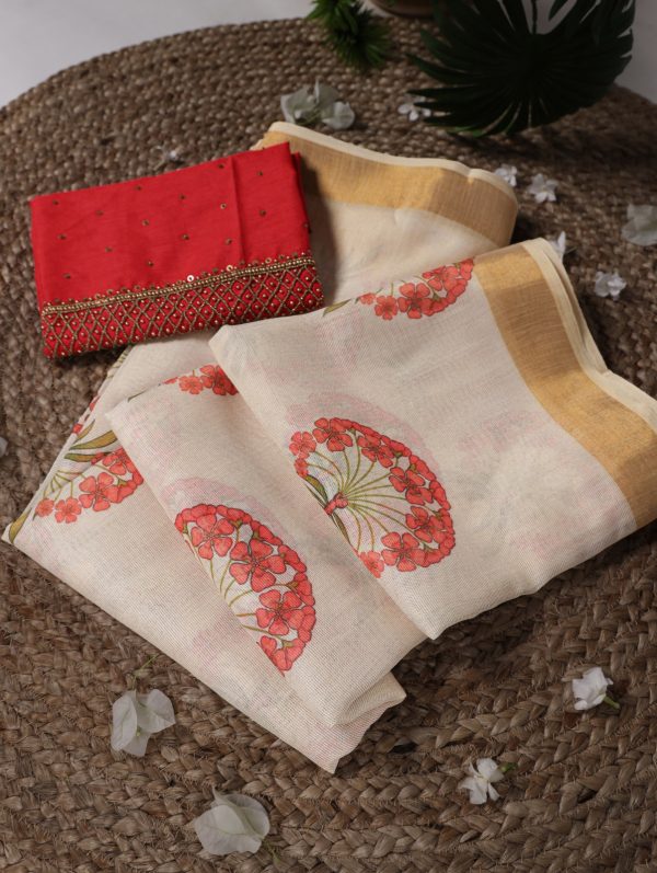 Red Onam Printed Saree