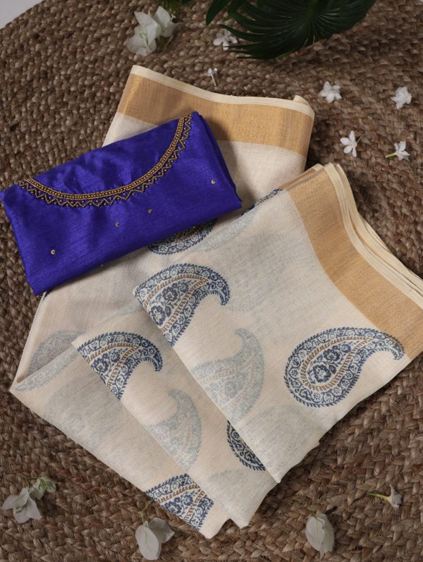 Blue Onam Printed Saree