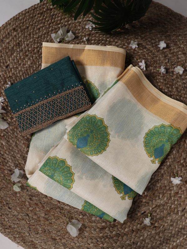 Green Onam Printed Saree