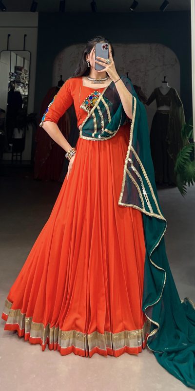 Orange Rayon Embossed Lehenga Choli