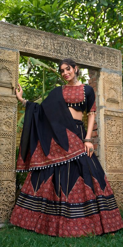 Black Cotton Mirror Work Lehenga Choli