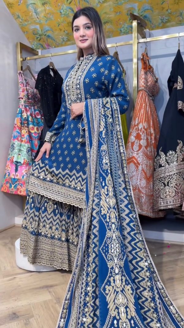 Blue Chinon Mirror Work Salwar Suit