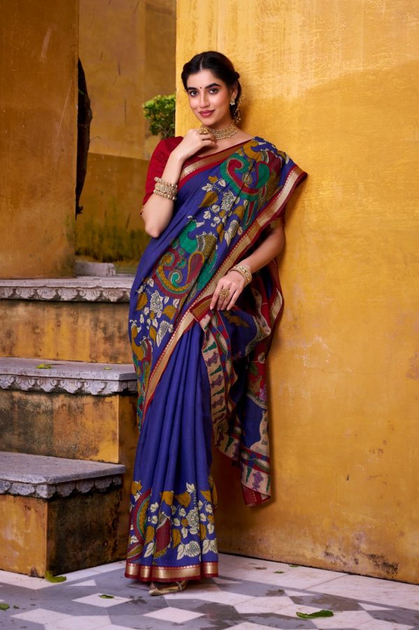 Blue Polyester Kalamkari Saree