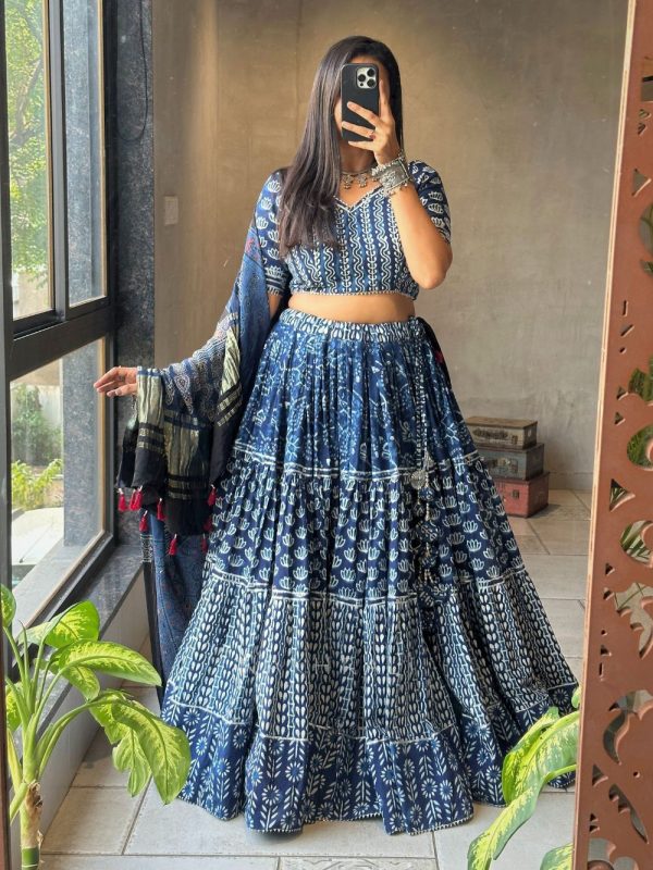 Blue Rayon Print Lehenga Choli
