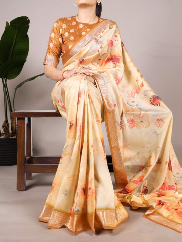 Cream Viscose Printed Saree