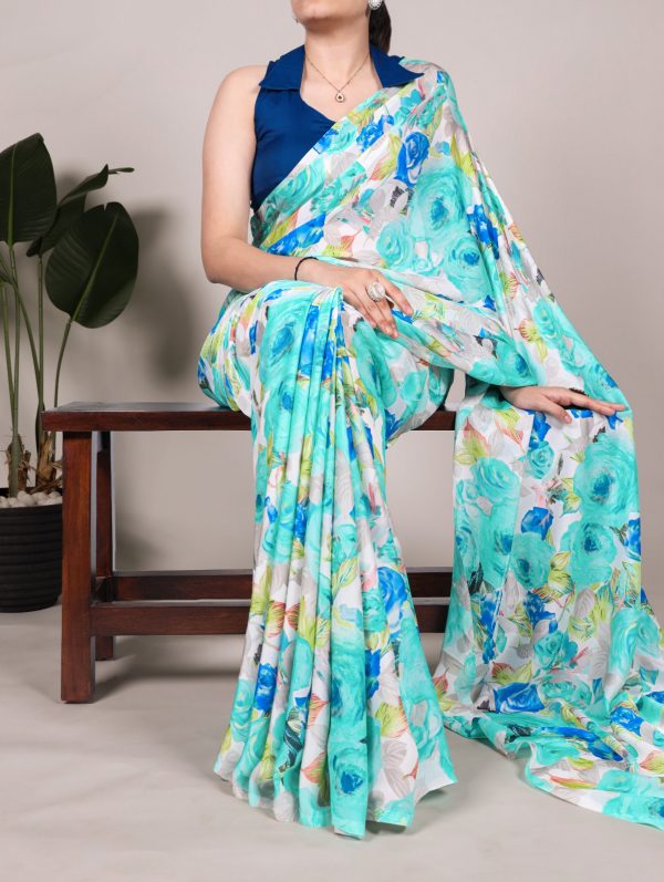 Firozi Dull Satin Printed Saree