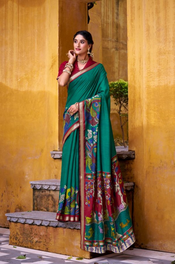 Firozi Polyester Kalamkari Saree