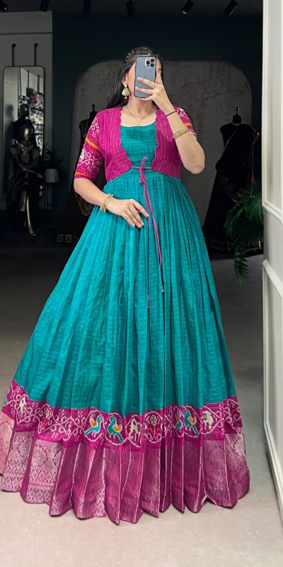 Firozi Tasar Chex Patola Print Gown