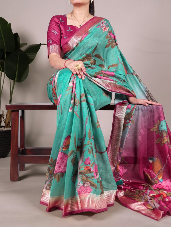Green Viscose Printed Saree