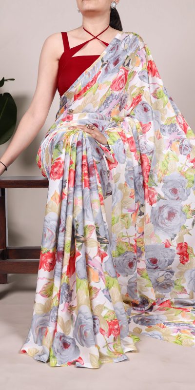 Grey Dull Satin Printed Saree