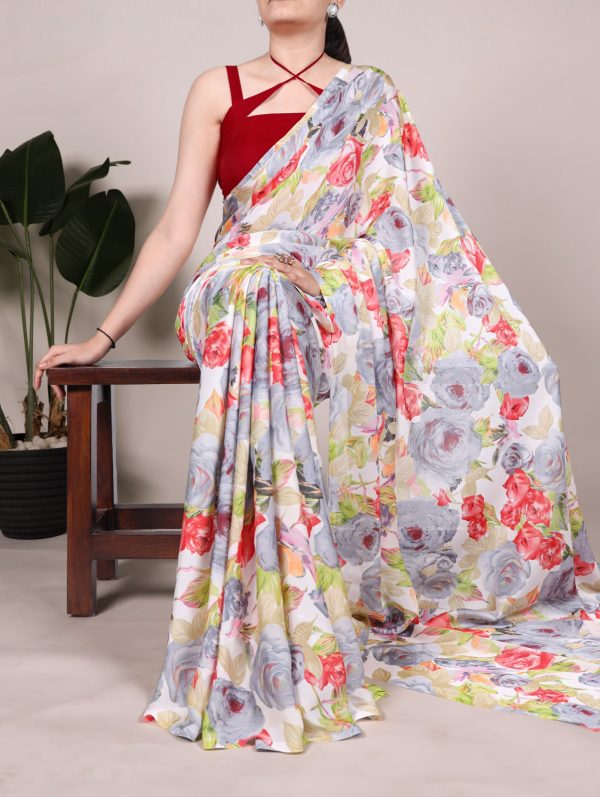 Grey Dull Satin Printed Saree