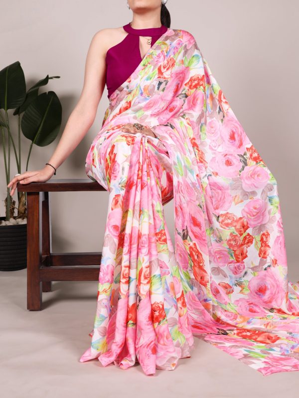 Light Pink Dull Satin Printed Saree
